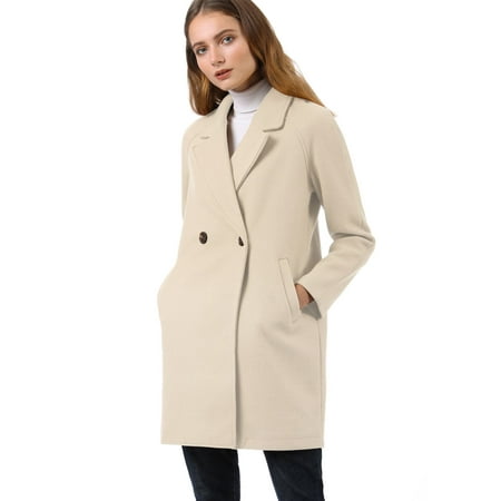 Women's Notched Lapel Double Breasted Raglan Trench Coat Cream White XS ...