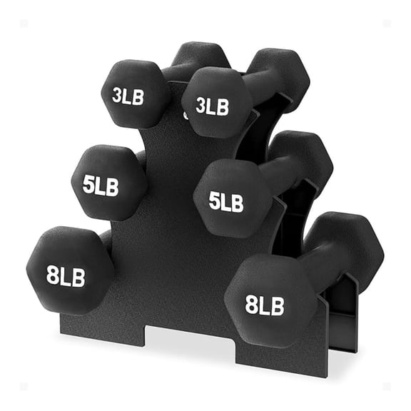 Neoprene Dumbbell Set with Stand – 32 lbs Hex Weights, Color-Coded Strength Training Set for Home Gym, Non-Slip Grip, 3-8 lb Pairs