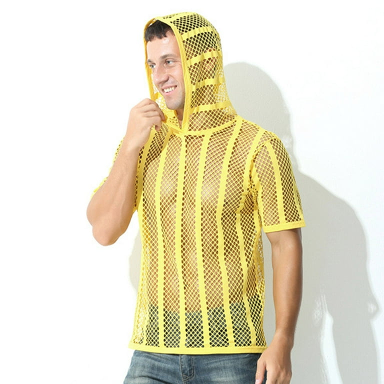 Men Casual Short Sleeve Hooded Pullover Perspective Breathable Stripe Blouse Summer Clearance 2024 Smihono Hooded Tees Tops for Mens Trendy Yellow 6