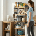 thumbnail image 3 of Baker's Rack with 10 Hooks, Bug Hull Microwave Stand with Storage, Industrial 5-Tier Storage Shelf, Free Standing Wooden Shelf, Brown, 3 of 10