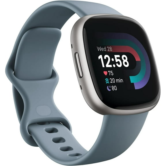 Restored Fitbit FB523SRAG-US Versa 4 Fitness Smartwatch - Waterfall Blue/Platinum Aluminum (Refurbished)