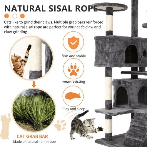 BORGEBY 54in Cat Tree Tower for Indoor Cats，Multi-Level Pet Furniture with Sisal Scratching Post, Large Cozy Condo, Climbing Ramp, Kitten Toy（Light Gray）