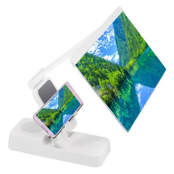 Inteprter Altavoz Bluetooth Soporte para teléfono Lupa de pantalla 3 en 1 Altavoz inalámbrico de escritorio con diseño de soporte para teléfono 1200mAh Cables de audio/vídeo Blanco