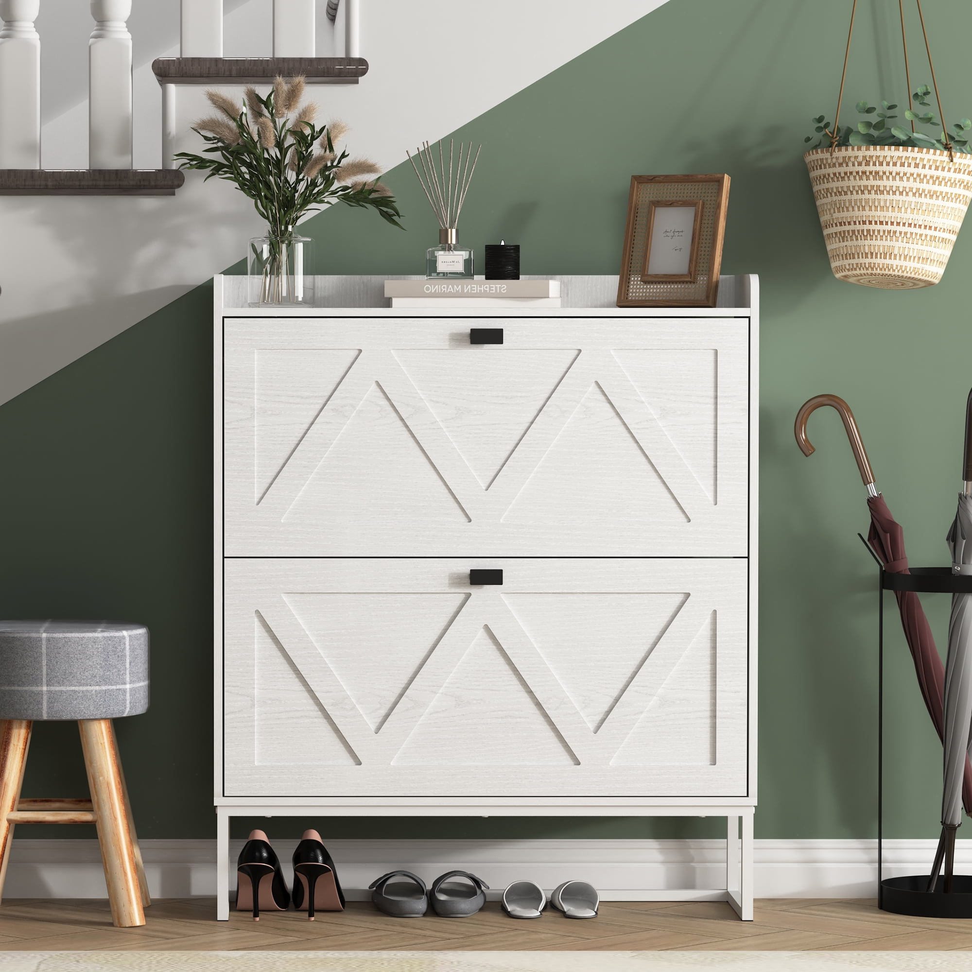 Demi Bonn Shoe Storage Cabinet with 2 Flip Drawers, Freestanding Organizer with Metal Legs for Entryway, Narrow Shoe Rack Cabinet, White