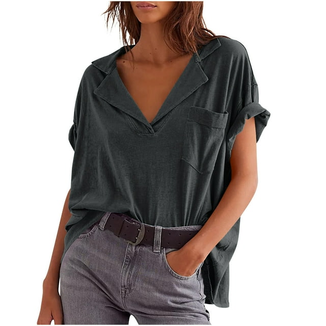 JIUIKE Oversized Tops for Women Short Sleeve T-Shirts Deep V Neck Solid Color Loose Fitting Tees