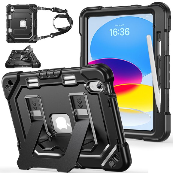 Case for iPad 11th/10th Gen 11/10.9 inch 2025/2022, Military Grade Shockproof Cases with Pencil Holder Shoulder Strap Screen Protector, Black