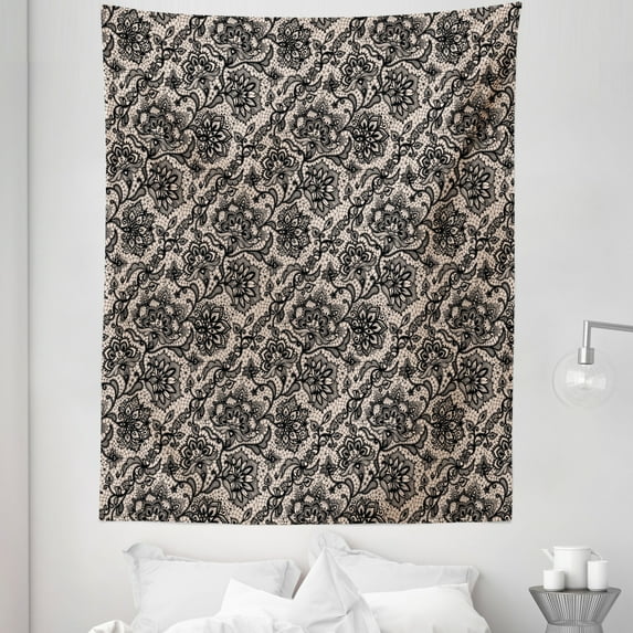 Gothic Tapestry, Abstract Graphic Lace Pattern Flowers Butterflies Old Fashioned Nature Inspired, Fabric Wall Hanging Decor for Bedroom Living Room Dorm, 5 Sizes, Tan Black, by Ambesonne