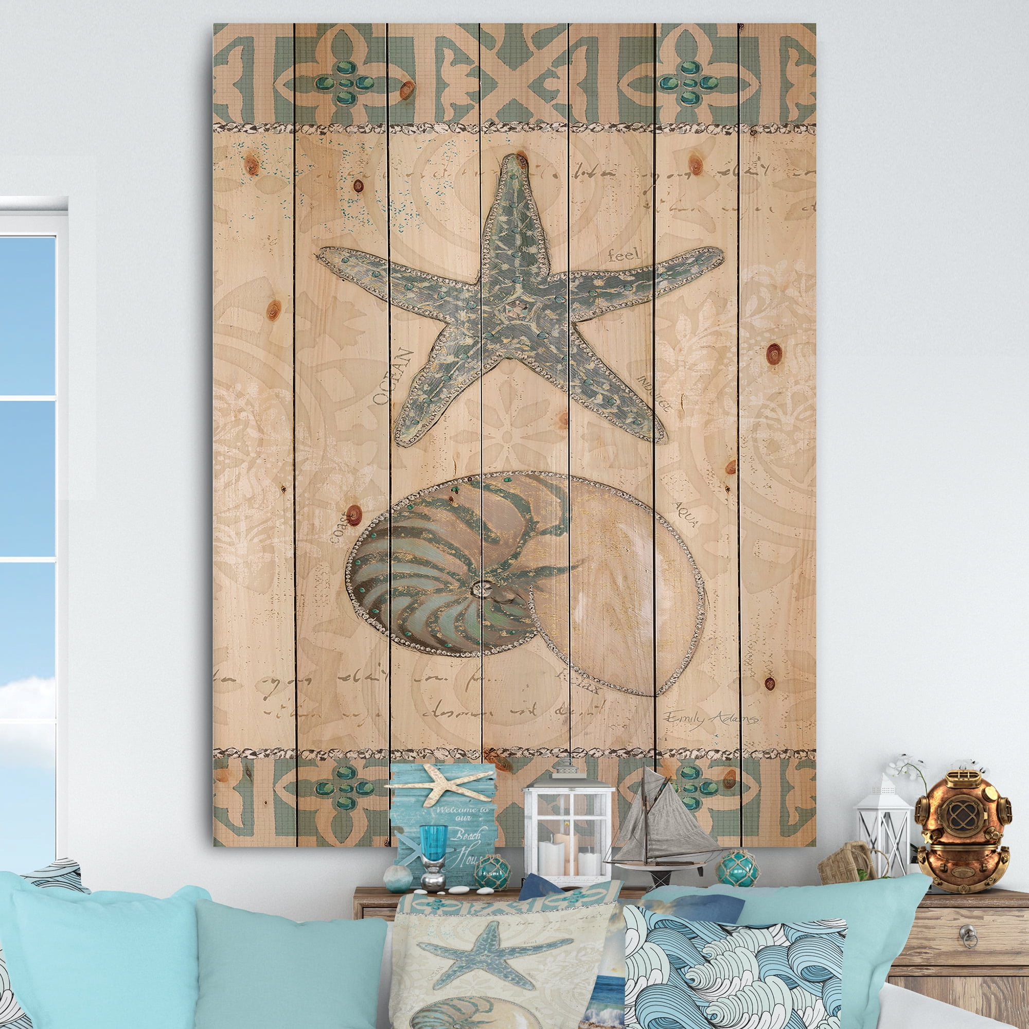 Designart 'Seastar and Blue Sea Shell I' Nautical & Coastal Print on Natural Pine Wood