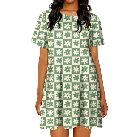 QAFOPEH Women Checkered Daisy Print Short Sleeve Pockets Mini Sleepdress
