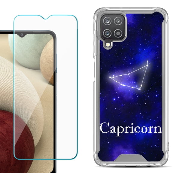 Shockproof Bumper Phone Case for Samsung Galaxy A12, with Tempered Glass Screen Protector, by OneToughShield ® - Zodiac / Capricorn
