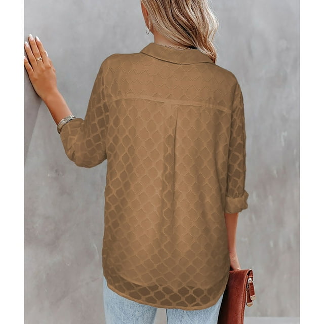 Blouse, Long Sleeves Stylish Polyester Women Casual Shirt Breathable Button For Dating Brown S