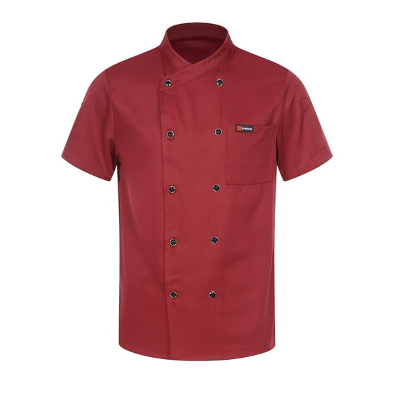 JanJean Unisex Chef Coat Kitchen Work Uniform Cook Jacket Restaurant Hotel Chef Coat Uniform for Mens Burgundy Short Sleeve M