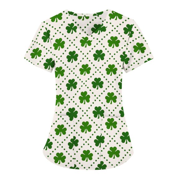 Fesfesfes Women St. Patrick's Day Tshirt Print Short Sleeve Tops Nurse Workwear Clothes T-Shirts with Pocket Casual V-Neck Blouse
