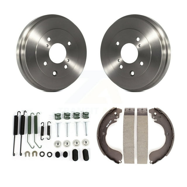Transit Auto Rear Brake Drum Shoes and Spring Kit for Car Nissan Versa Sentra Cube K8N-100391. The kit includes two rear brake drums, a rear drum brake hardware kit, and a rear drum brake shoe set. Designed for specific Nissan models, including 2009-2014 Nissan Cube, 2009-2012 Nissan Sentra S/SL/Base/SR, 2009-2010 and 2012 Nissan Versa 1.8L, and 2007-2008 Nissan Sentra S/SL/Base and Versa. Features OE-matched material for durability, MetalliX™ low resin semi-metallic compound for high performance, and carbon-enhanced XCast™ iron castings for wear resistance. Positioned for rear installation. Includes a limited lifetime warranty.