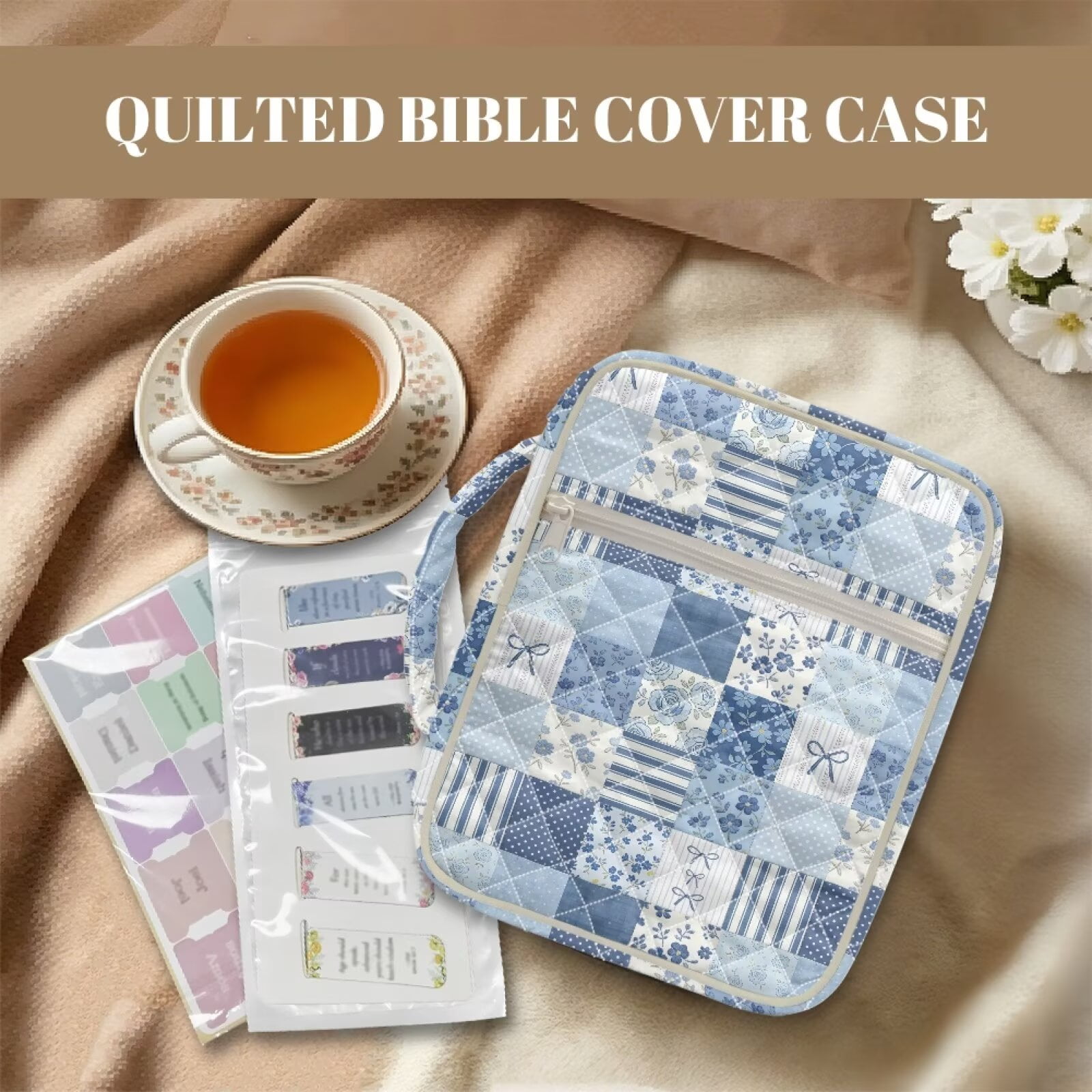 Pzuqiu Spliced Flower Womens Bible Study Supplies includes 75 Bible Tabs & 12 Bookmarks Vintage Scripture Case Church Bag Protective with Handle and Front Pocket Christian Gifts