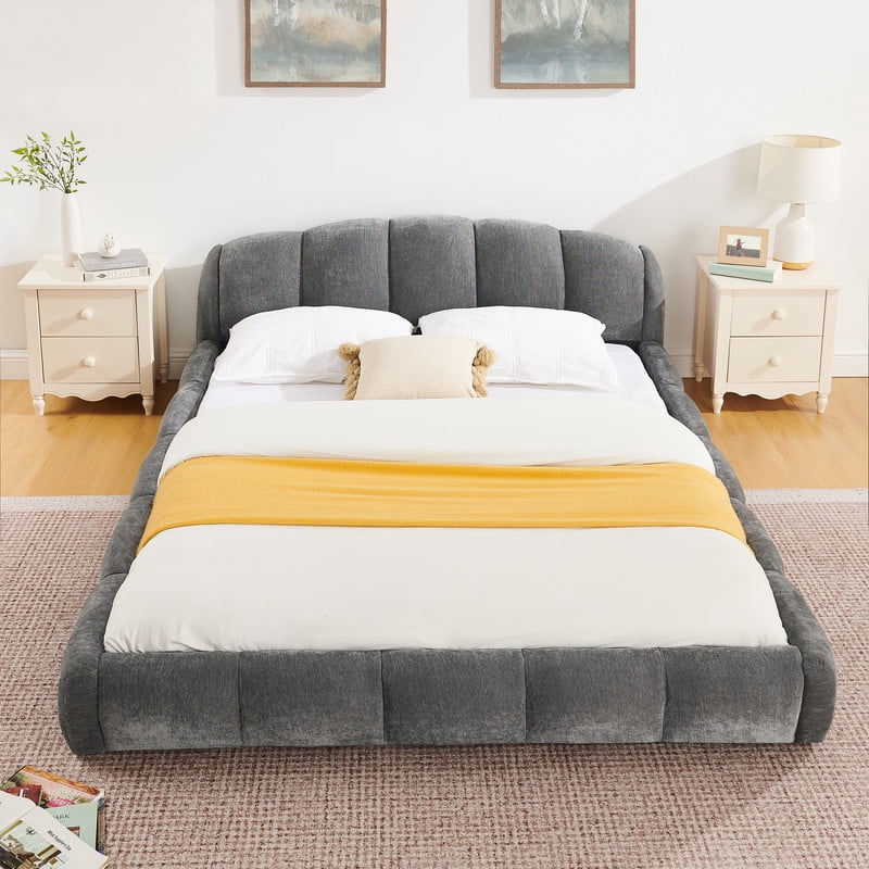 Queen/King Size Upholstered Platform Bed Frame, No Box Spring Required Low Profile Floor Bed with Padded Headboard & Footboard