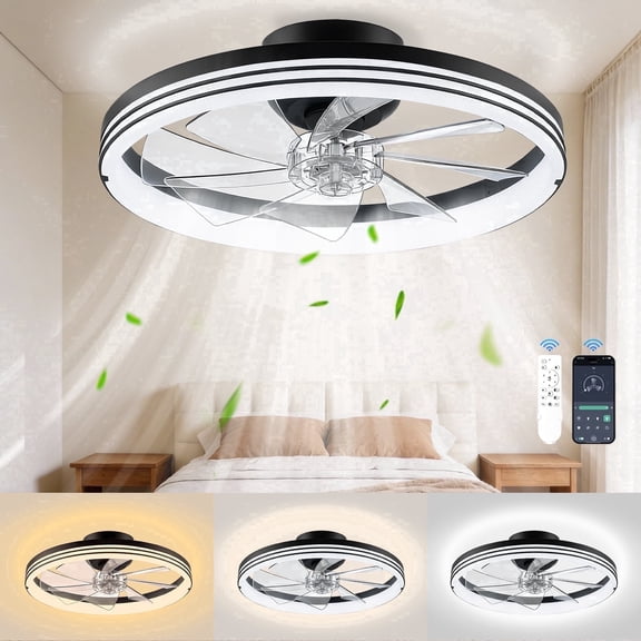 Ceiling Fan with Light, 20" Modern Low Profile Foldable Ceiling Fans with 6 Wind Speeds, Dimmable Smart Ceiling Fan Light with Remote