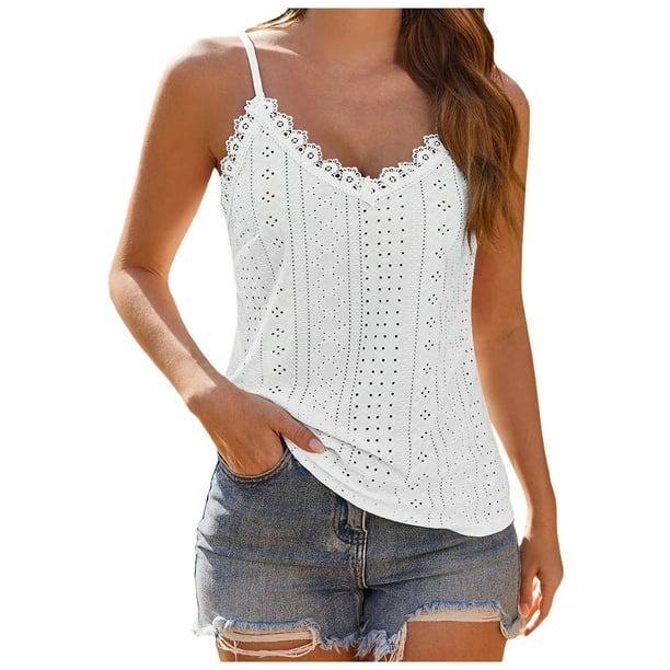 Camiseta sin mangas con cuello en V y encaje para mujer - Tirantes finos ajustables, blusa de verano holgada, tallas S-XL