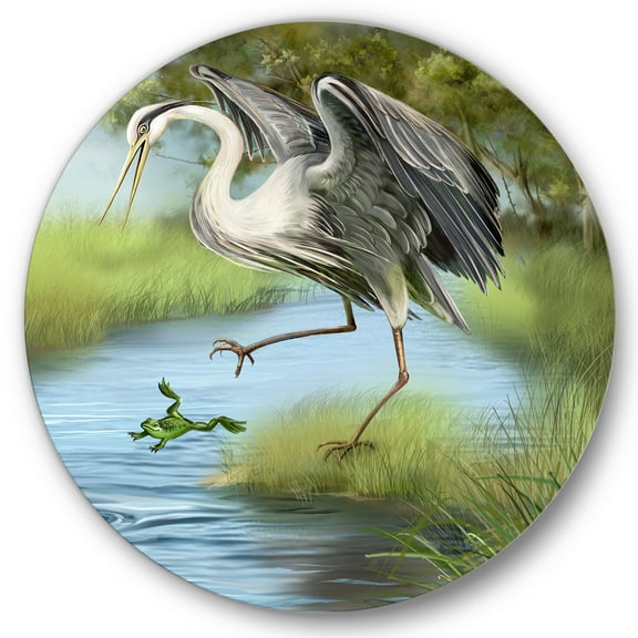 Designart 'Crane Hunting A Frog' Farmhouse Circle Metal Wall Art 36x36 - Disc of 36
