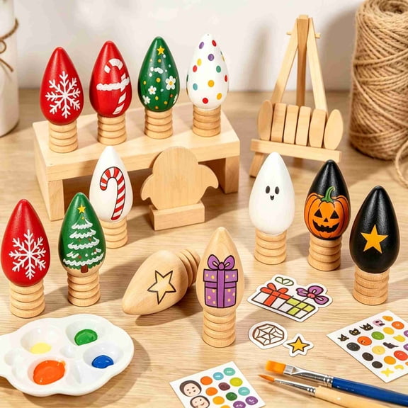 ZZkhGO Wooden Christmas Light Bulb Decoration, DIY Graffiti Art Craft with Natural Wood Material, Festive Decor for Tree Mantel