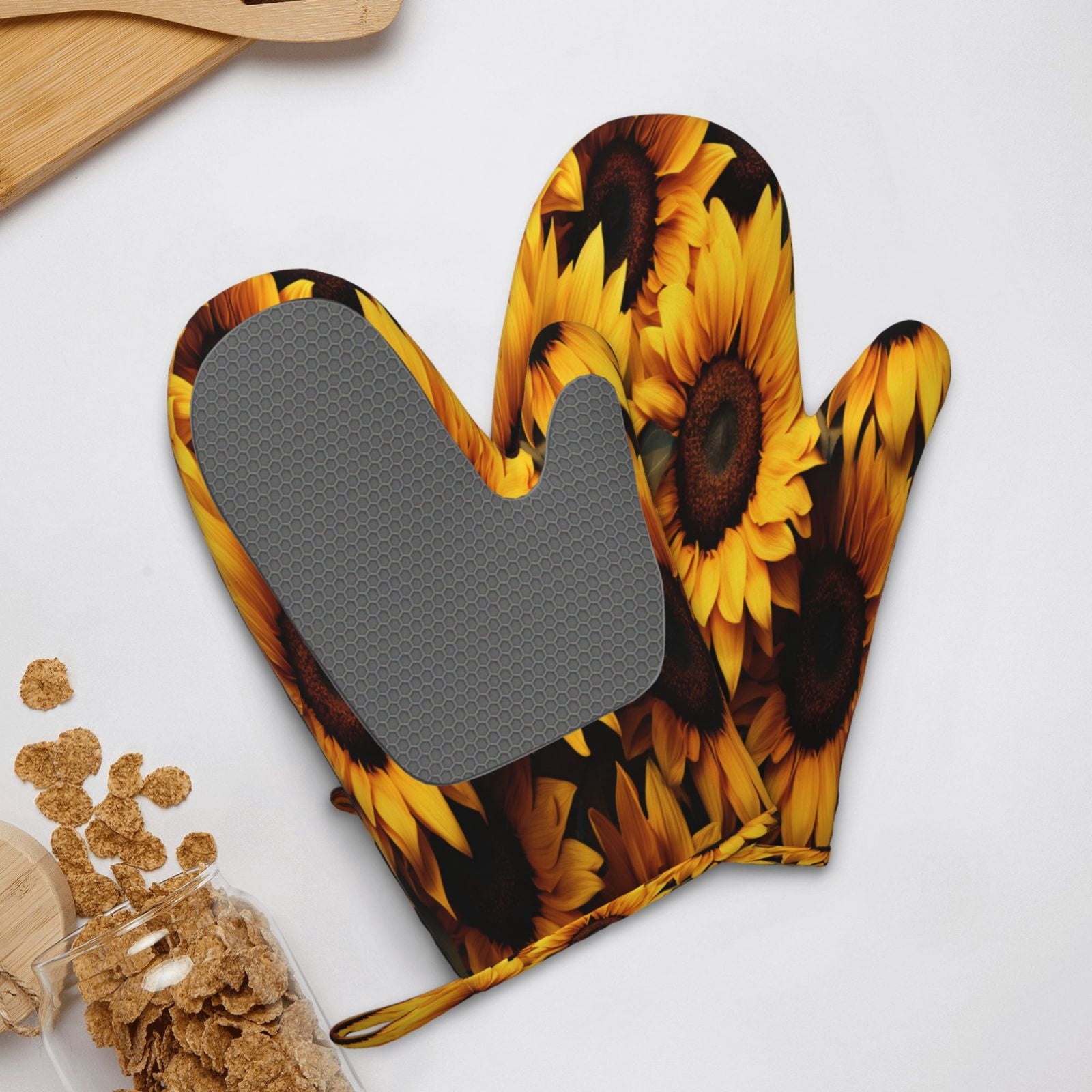 Hirioo Vibrant Sunflower Blooms for Silicone Oven Mitts for BBQ, Baking, Cooking, Set of 2, Heat Resistant 260℃, Non-Slip Kitchen Essentials