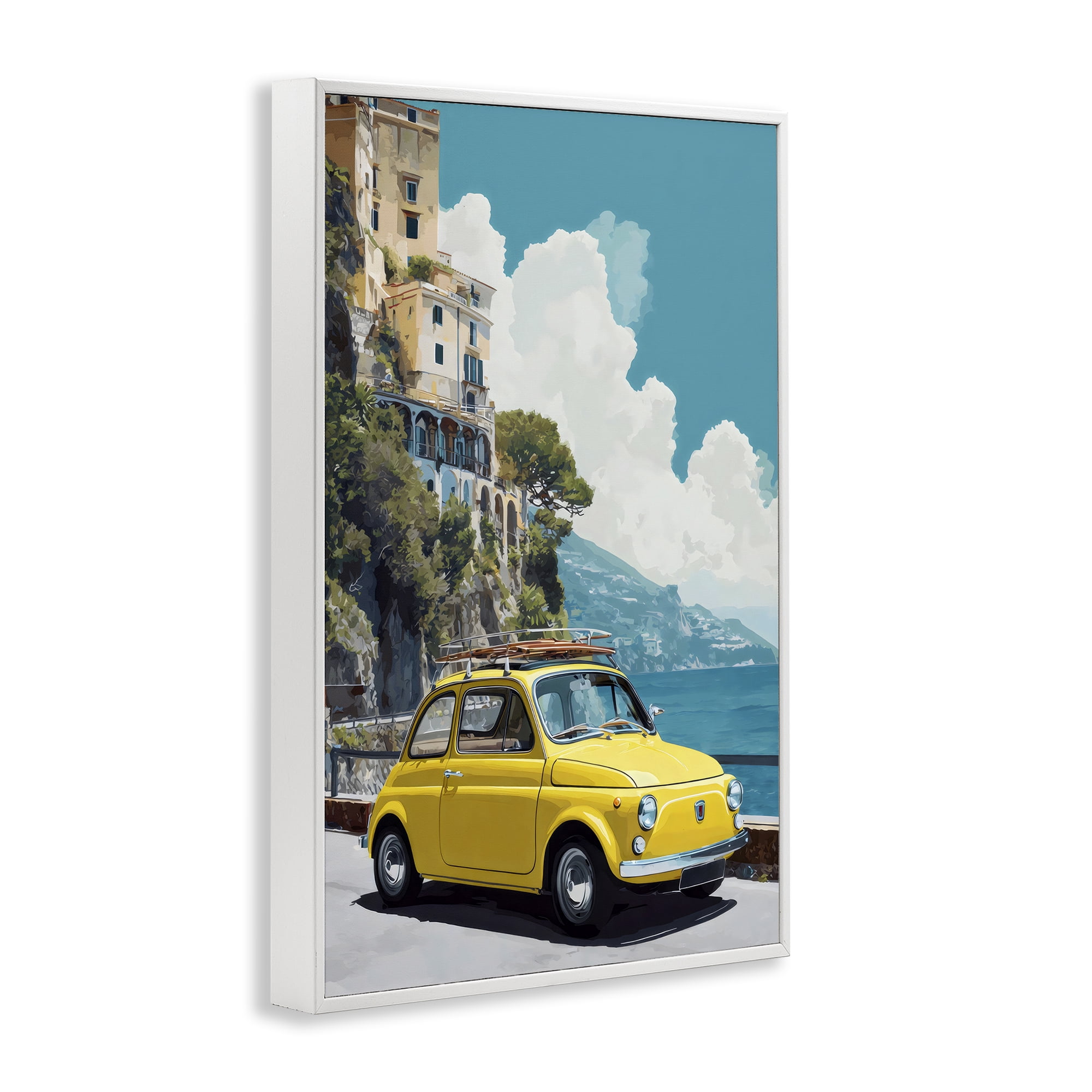 Stupell Industries Yellow Car on Coast White Framed Giclee Art, design by Petal Prints Design