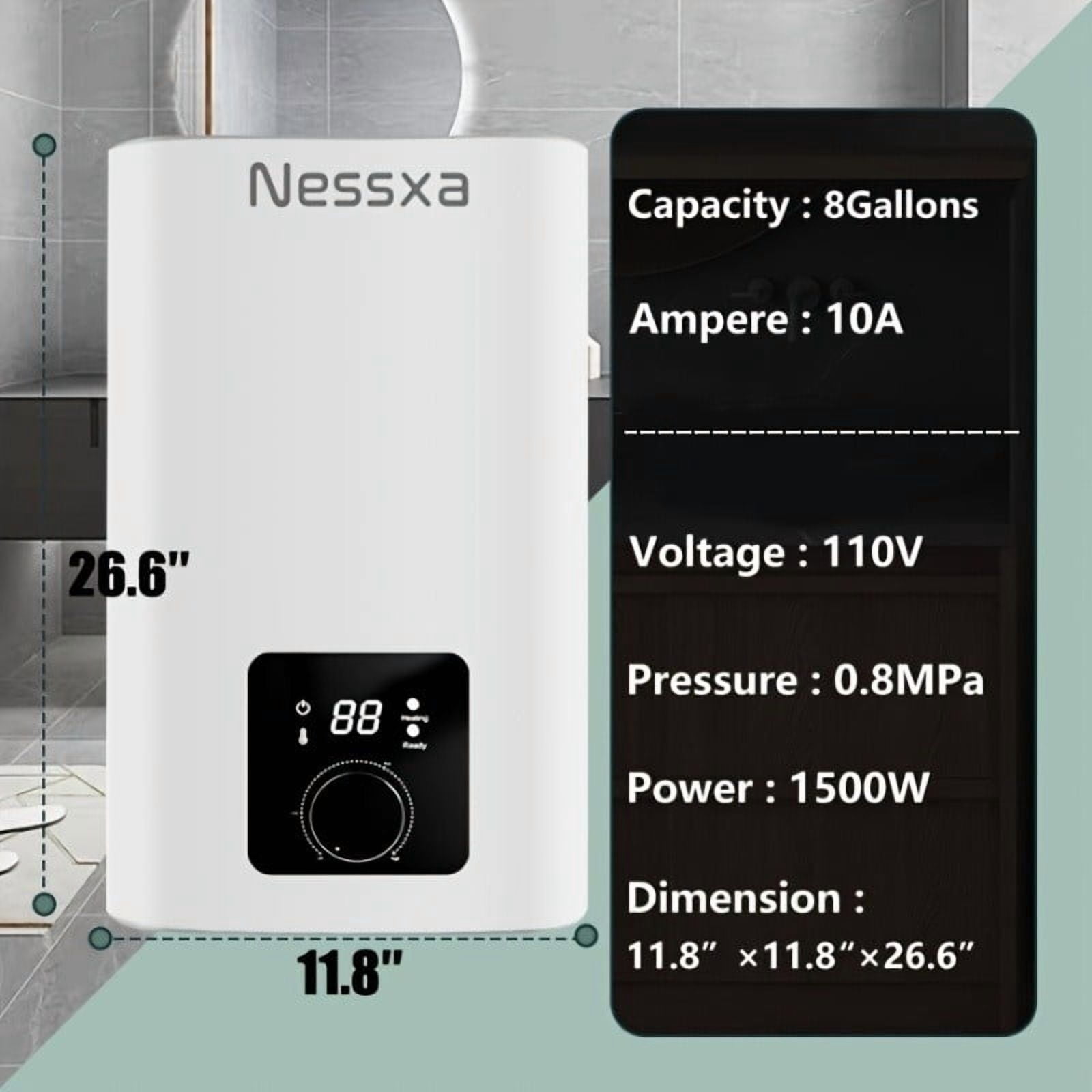 Datingday 8 Gal Mini-Tank Electric Water Heater - Instant Hot Water Under Sink, Energy Efficient, Adjustable Thermostat (77°F-176°F), Compact Design for Kitchen/Bathroom
