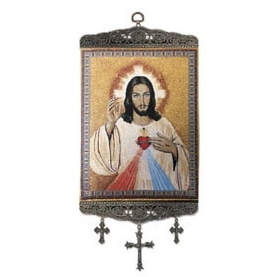 Divine Mercy With Sacred Heart of Jesus Catholic Icon Tapestry Banner With Crosses 17 3/4"x8"