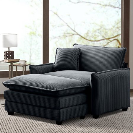 Domiluxe Oversized Accent Chair with Ottoman,Corduroy Upholstered Single Sofa with Toss Pillow,Deep Seat Chaise Lounge for Living Room Bedroom Office Apartment,Grey+ottoman