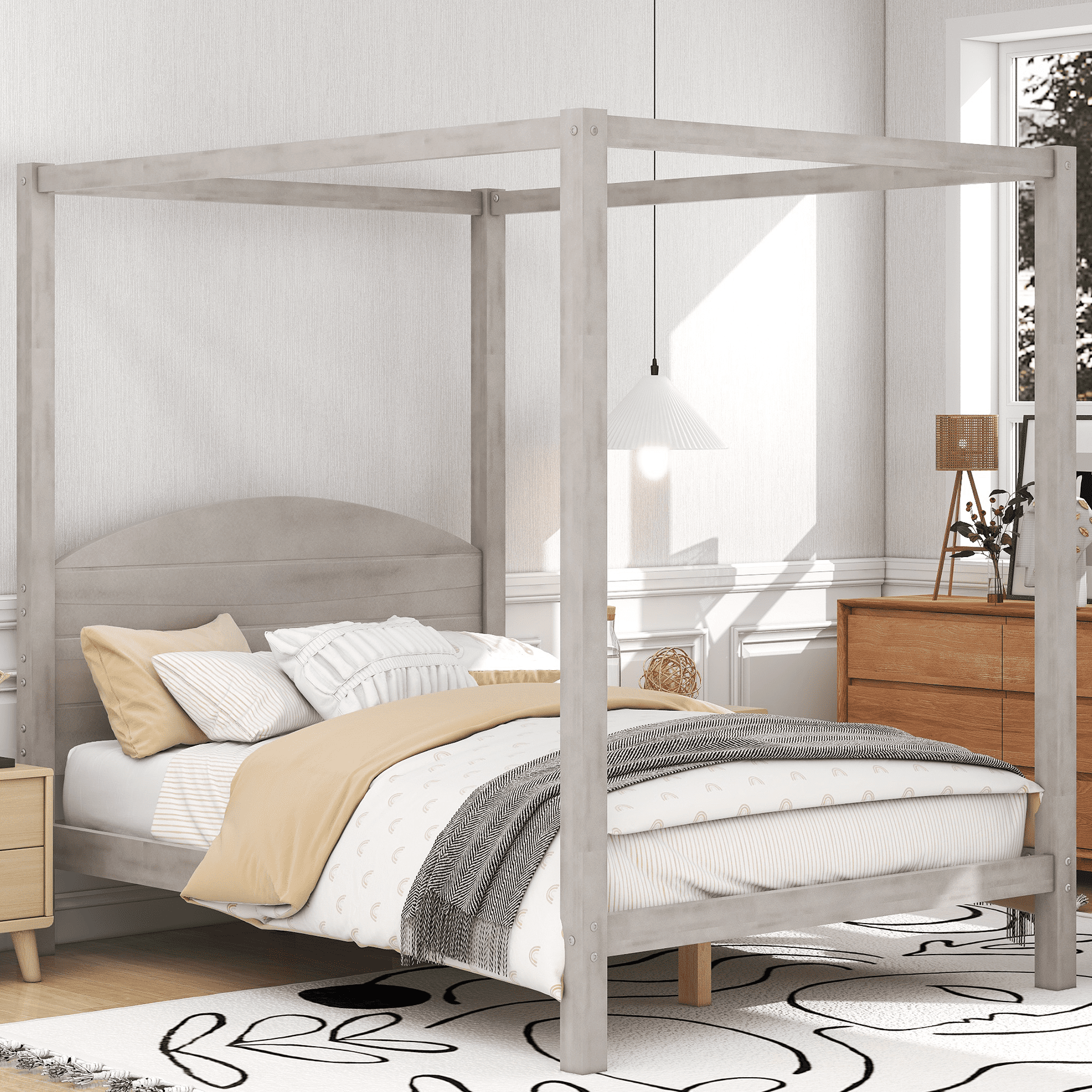 Modstyle Canopy Bed Frame, Full Size Canopy Bed with Headboard for