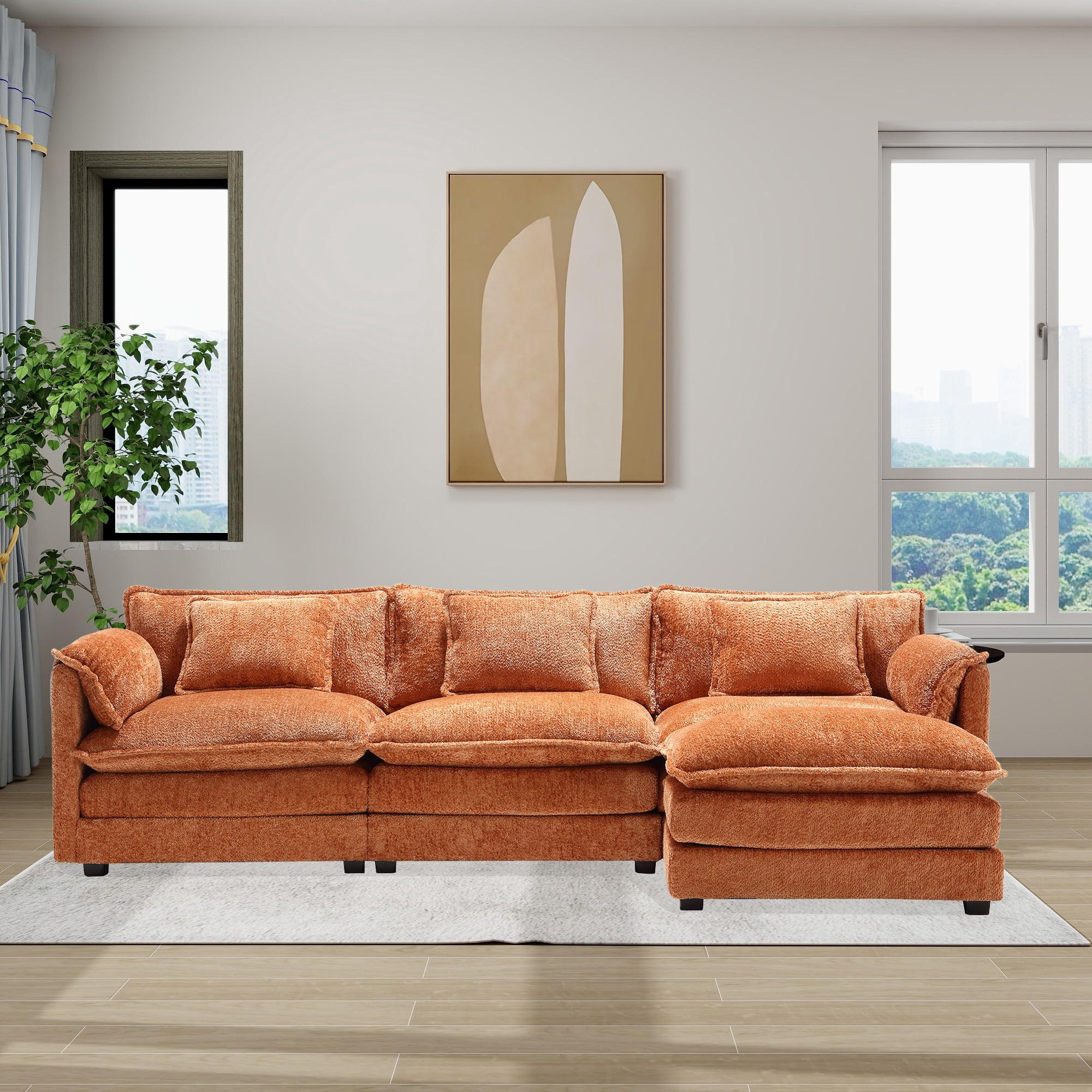 MOONMISS Modern Large Fabric L-Shaped Sofa Chenille Fabric, Movable Pedestal, Removable Armrests, Oversized 9-Seater Sofa