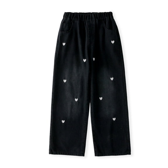 GYRATEDREAM Girls Wide Leg Jeans Elastic Waist Heart Embroidered Denim Pants for Kids Girls 5-14 Years