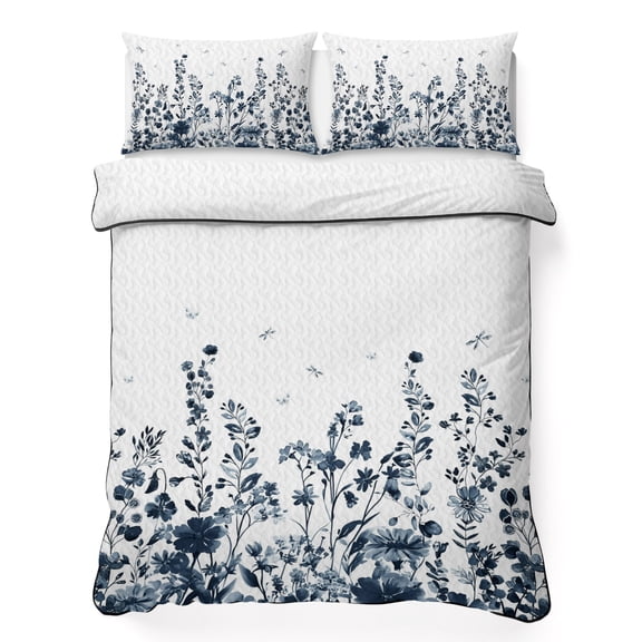 Full Quilt Bedding Set, Farm Blue Ink Style Flowers Soft Microfiber Summer Bedspread Coverlet with 2 Pillow Shams for All Season, Country Dragonfly Floral Art Breathable Bedding Set for Hot Sleepers