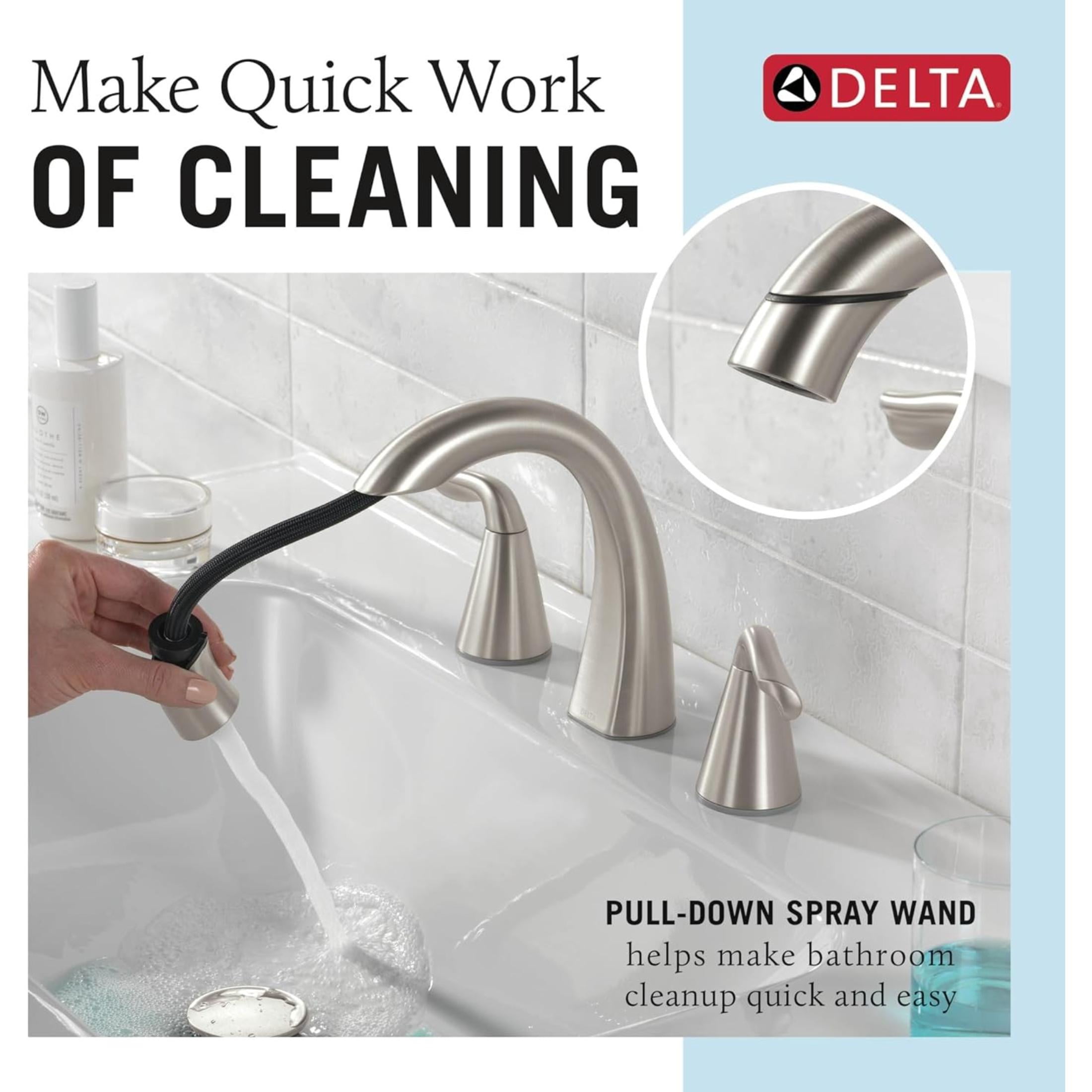 Delta Arvo Brushed Nickel Bathroom Faucet with Sprayer, 8 Inch 3 Hole Widespread Bathroom Sink Faucet with Pull Out Sprayer, Push-Pop Drain, SpotShield Stainless