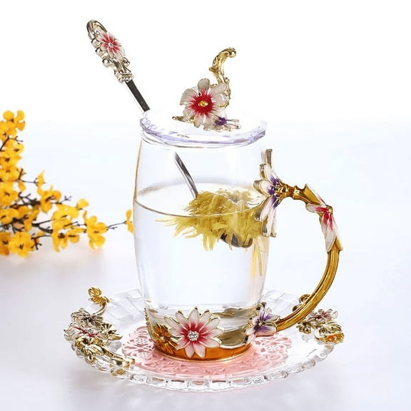 Affogato Glass Flower Tea Cup,Coffee Mugs with Lid, Coaster, Spoon for Party 18oz 350ml Gold