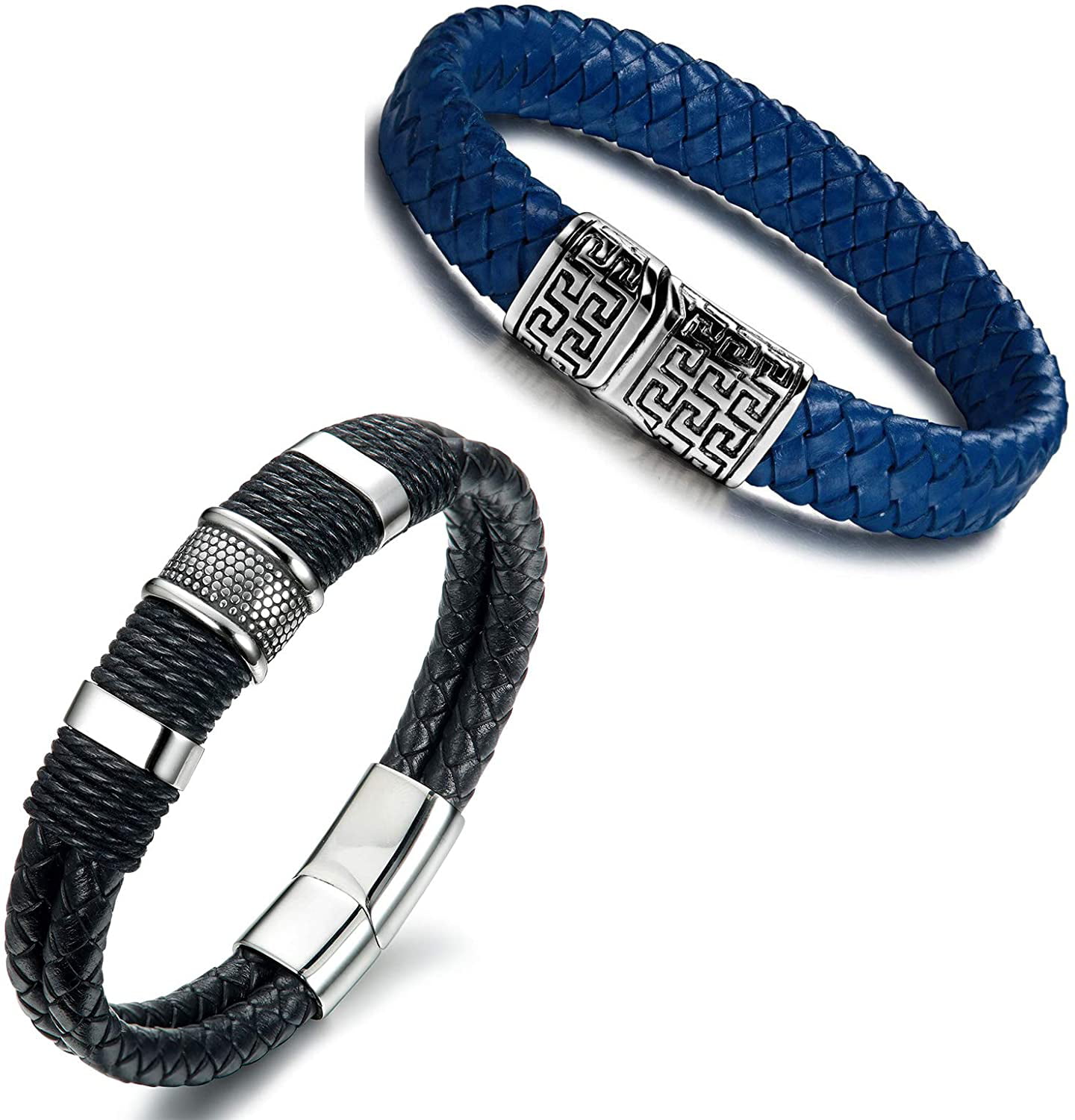 Stainless Steel Braided Leather Bracelet for Men Classic Designed Cuff Bracelet Magnetic Clasp 7.0-8.0 inches