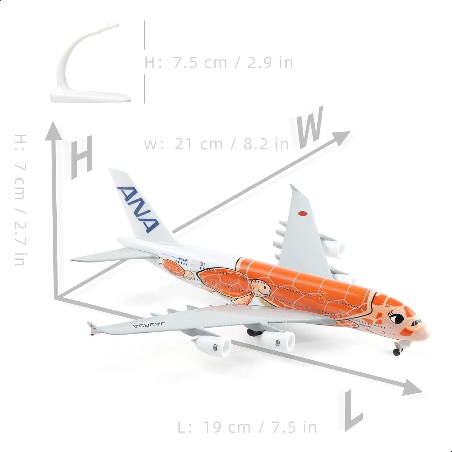 PRIYAL A380 1/300 ANA Orange Turtle Metal Diecast Airplane Model Airbus A380 Model Plane (7 inches/20cm) with Display Stand for Aircraft Gifts or Alloy Airplane Collection - JA383A
