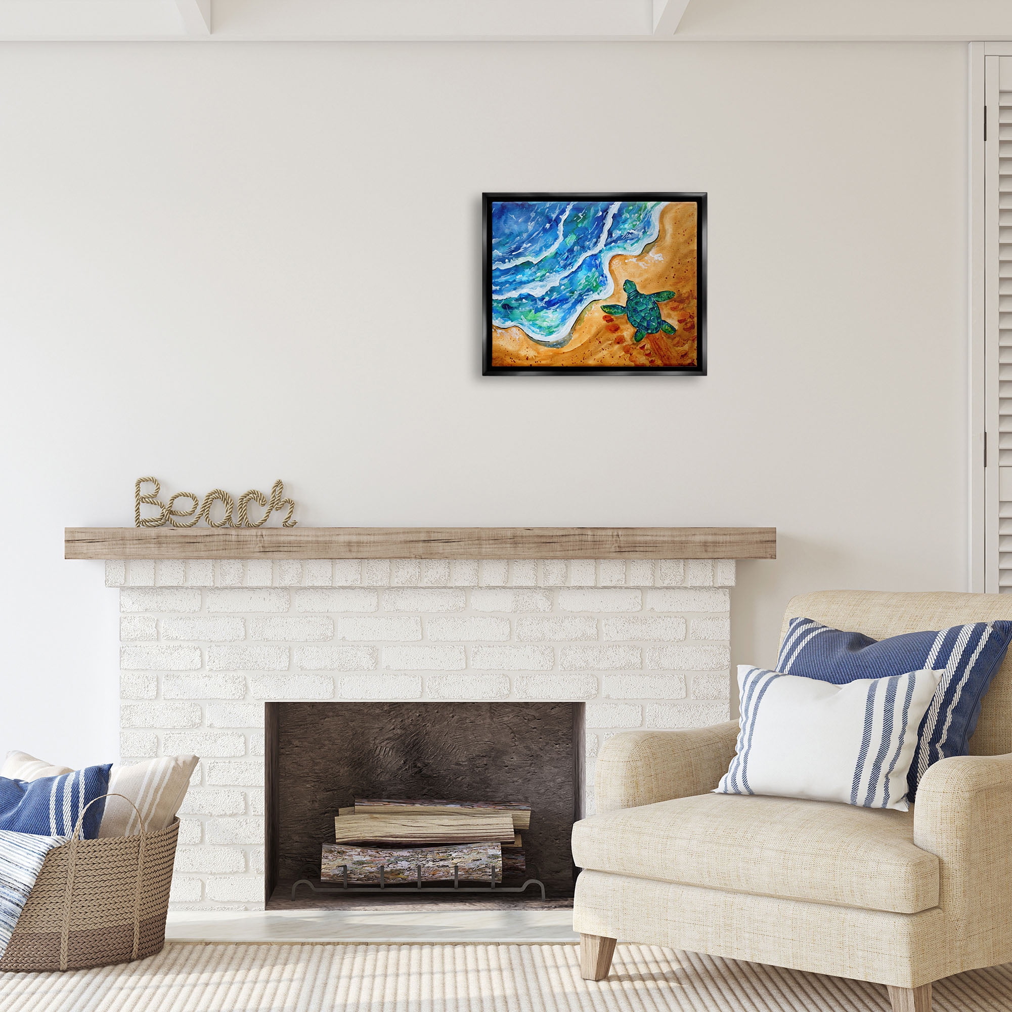 Stupell Industries Abstract Turtle on Shore Animals & Insects Painting Black Floater Framed Art Print Wall Art, 21 x 17