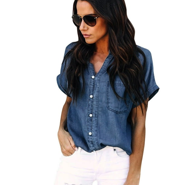 Outfmvch long sleeve shirts for women Casual Soft Denim Shirt Blue Jean ...