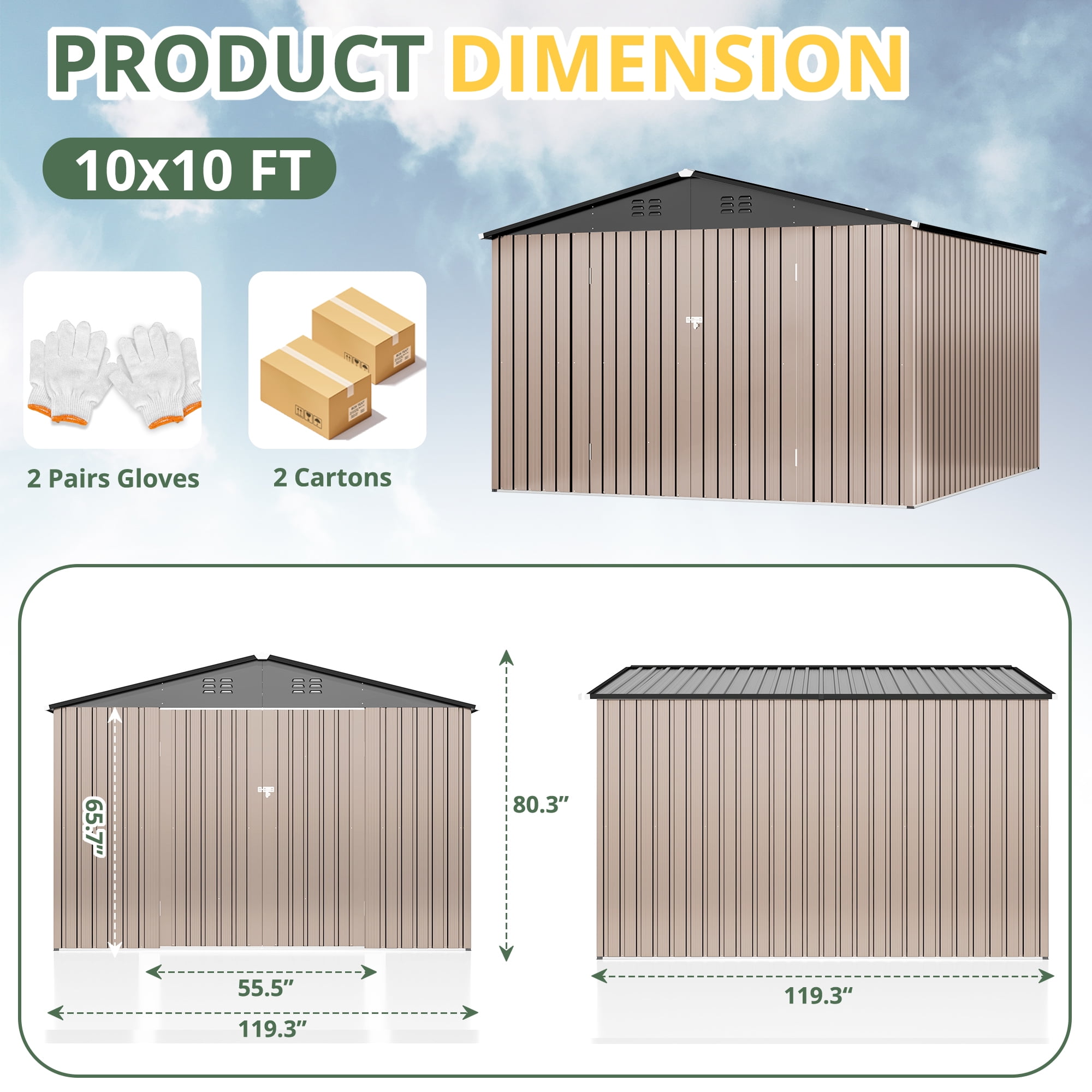 NETAJE 10'x10' Outdoor Metal Storage Shed with Updated Frame Structure and Lockable Doors for Backyard, Garden, Patio, Lawn, Brown
