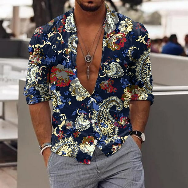 Camisas Negras Para Hombre Camisas estampadas informales de manga larga para otono e invierno para hombre blusas superiores a la Blue XXL Walmart en linea
