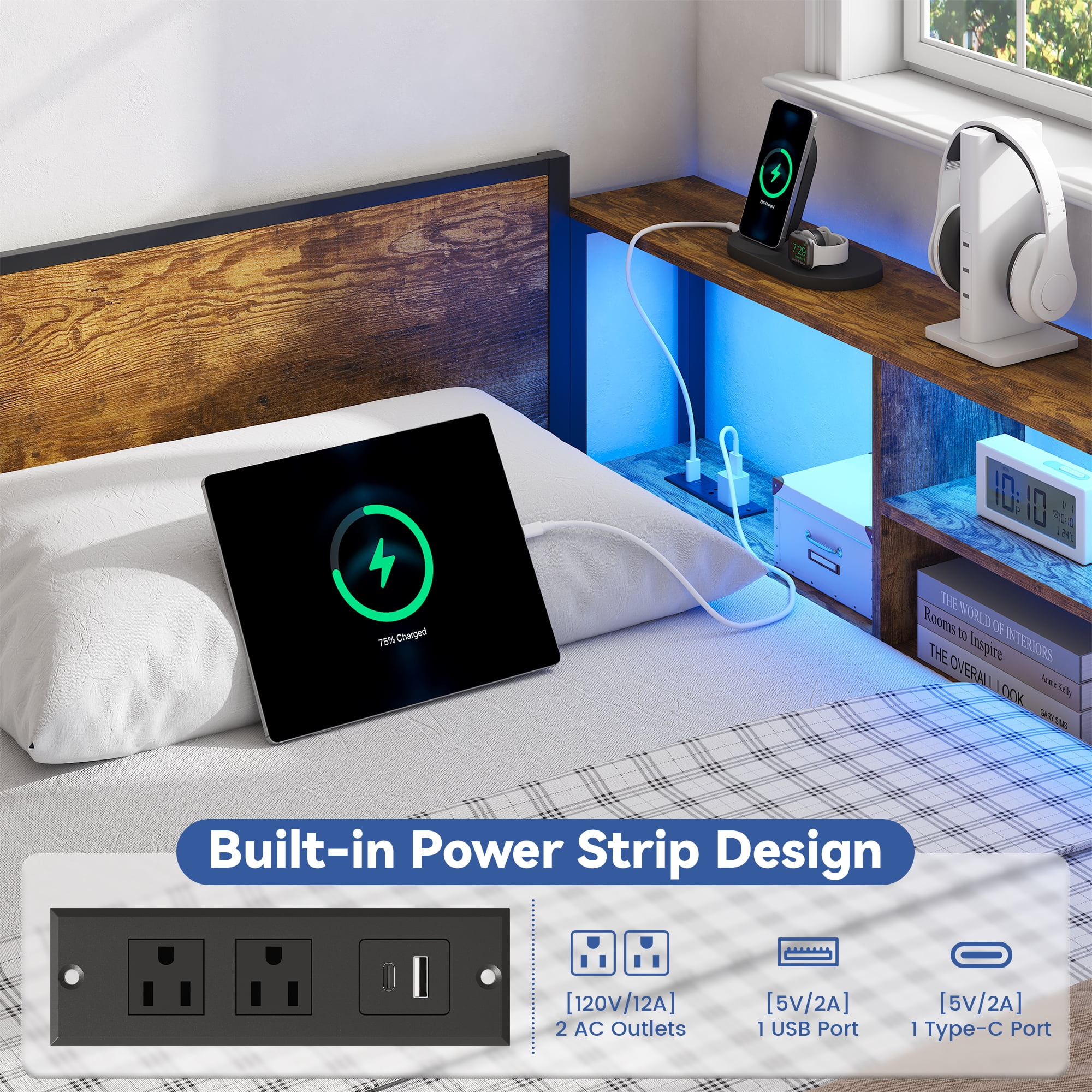 Miniyam King Size Bed Frame with Storage, 2-in-1 Convertible Twin Beds, LED & Charging Station, Brown