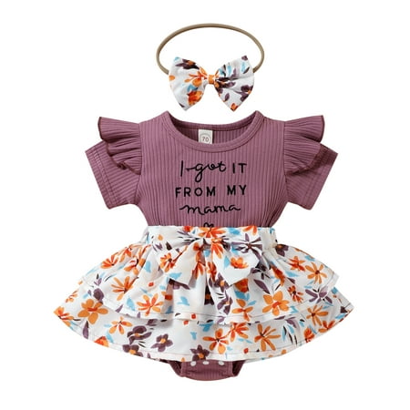 

Musuos Baby Girl Romper Dress Ribbed Bodysuit Floral Print Playsuit with Bow Headband
