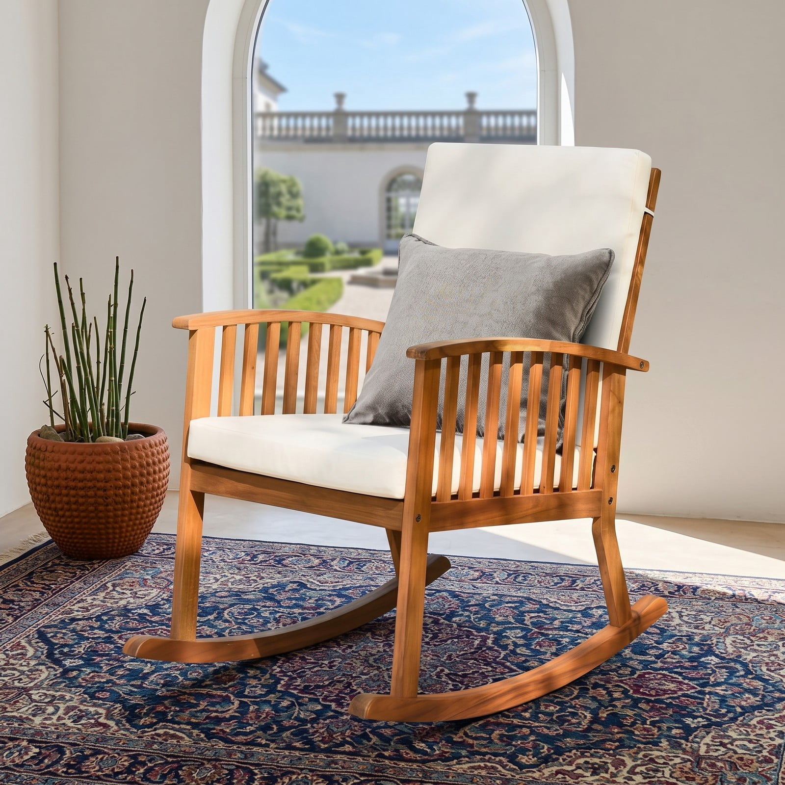 Furnibear Outdoor Acacia Wood Rocking Chair with Detachable Washable Seat and Back Cushions for Patio, Garden and Porch, Teak