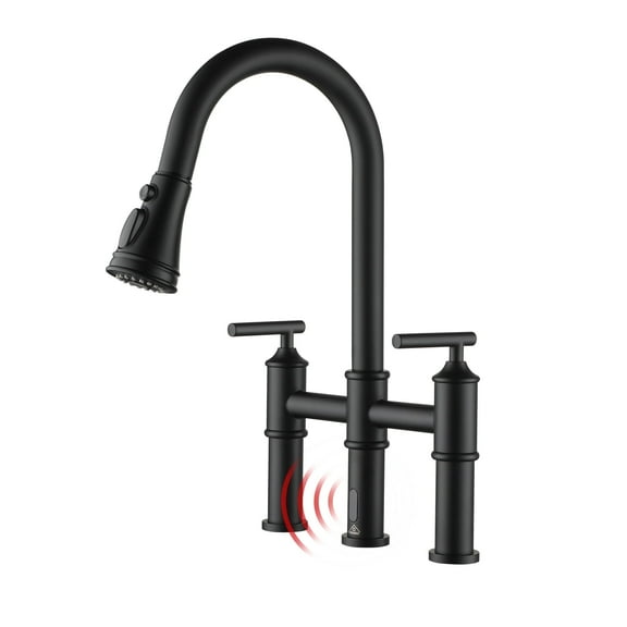 CASAINC Double Handle Bridge Kitchen Faucet with Pull Out Sprayer, Touchless Sensor, Deck Mounted, Matte Black