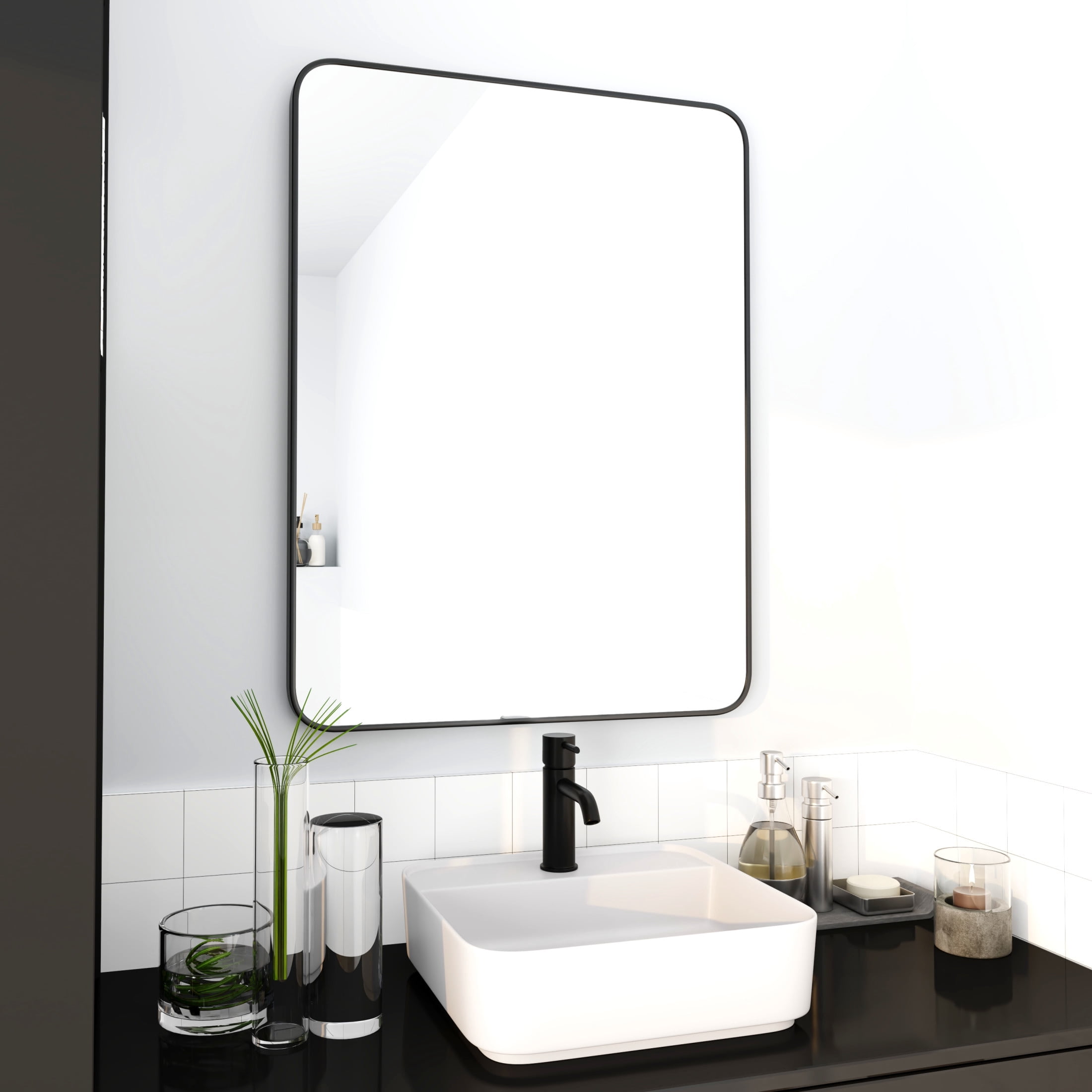 Noble House 24"x32" Bathroom Wall Mirror, Aluminum Frame, 4mm Glass, Vertical Mount, for Living Room, Entryway, Black