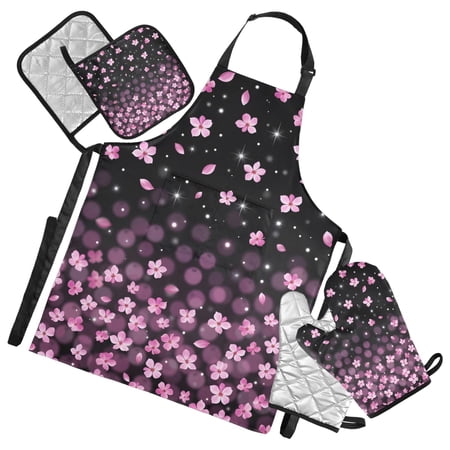 Falling Cherry Blossoms Flowers Apron Set with Oven Mitts Pot Holders Set of 5 Kitchen Stuff Accessories