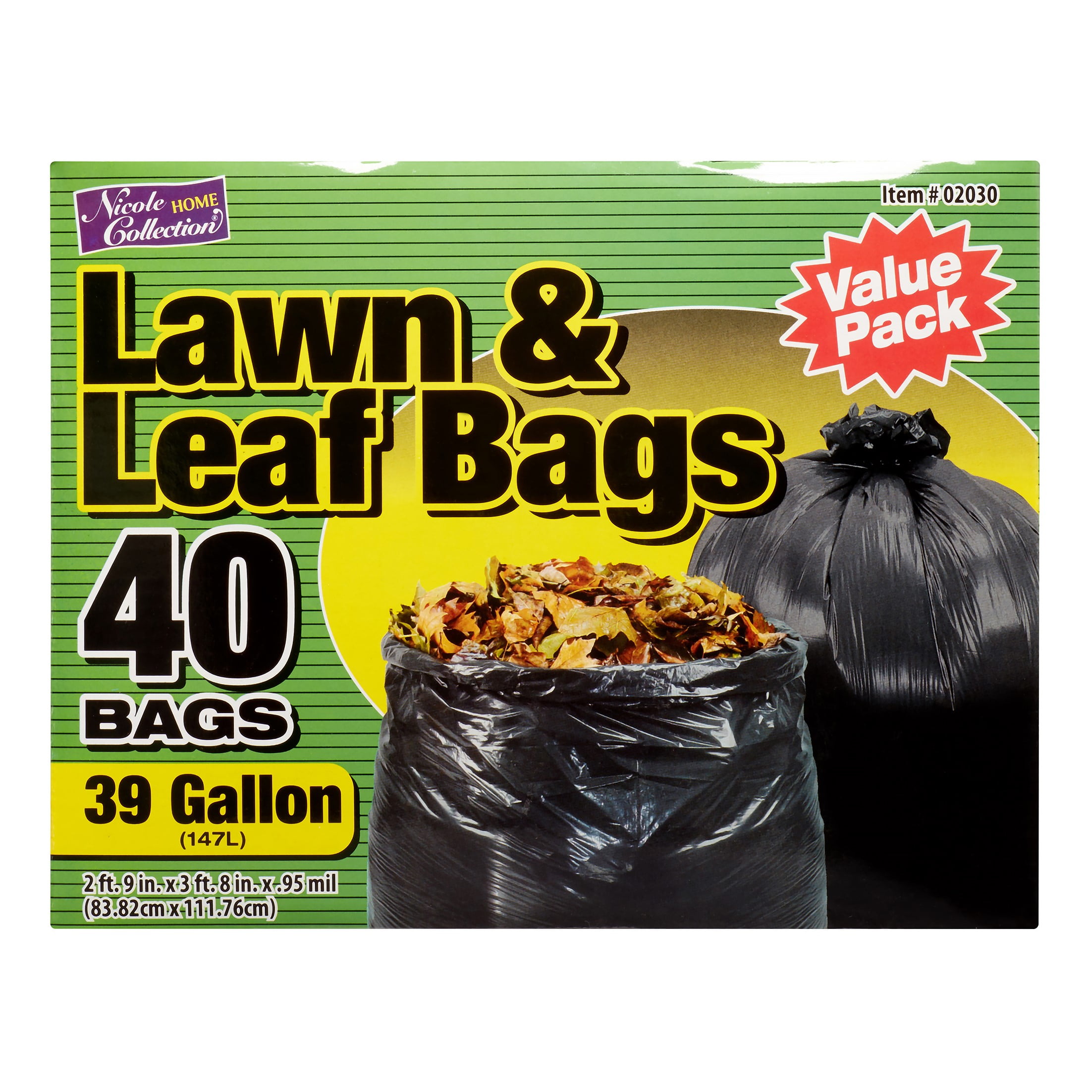 Nicole Home Collection Lawn & Leaf Trash Bags, 39 Gallon, Black, 40 Ct