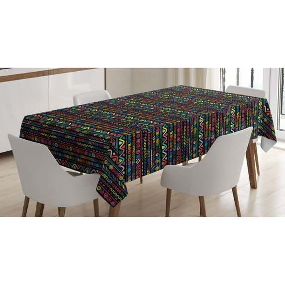Colorful Tablecloth, Hand Drawn Illustration in Style Geometrical Borders Art Design, Rectangle Satin Table Cover Accent for Dining Room and Kitchen, 60" X 90", Multicolor, by Ambesonne