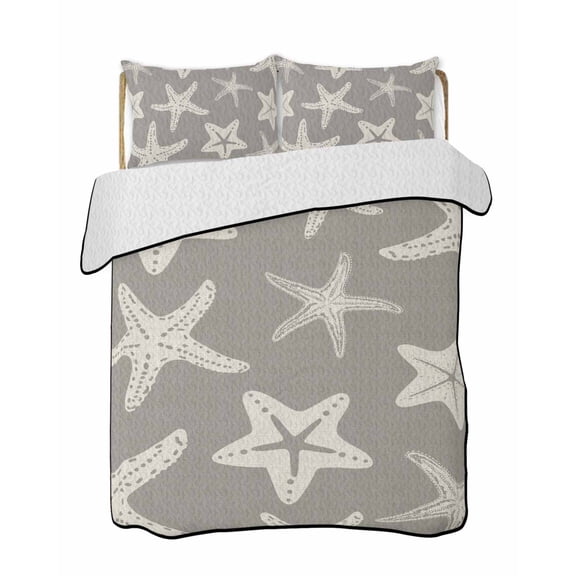 Quilts Full Size Bedding Set, Grey Starfish Coastal Lightweight Quilted Comforter, Nautical Summer Ocean Abstract Art Soft Reversible Bedspread Coverlet with Pillow Covers for All Season, 78" x 90"